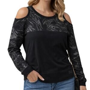 DKNY Jeans Women's XL Cold Shoulder Sweater Black Gray Swirl Pullover